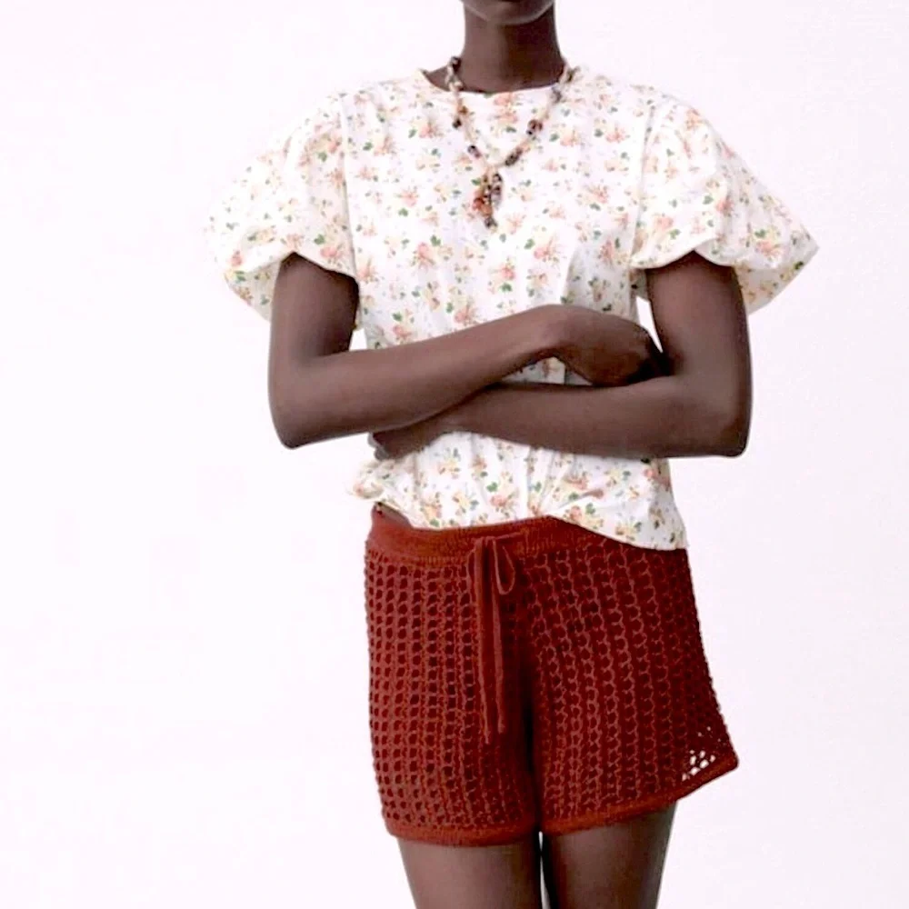 Zara Floral Puff Sleeve T-Shirt